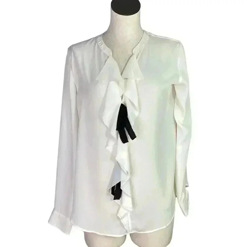 Victorian Ruffle Top Women M Top Ivory Black Long Sleeve Button Romantic Shirt